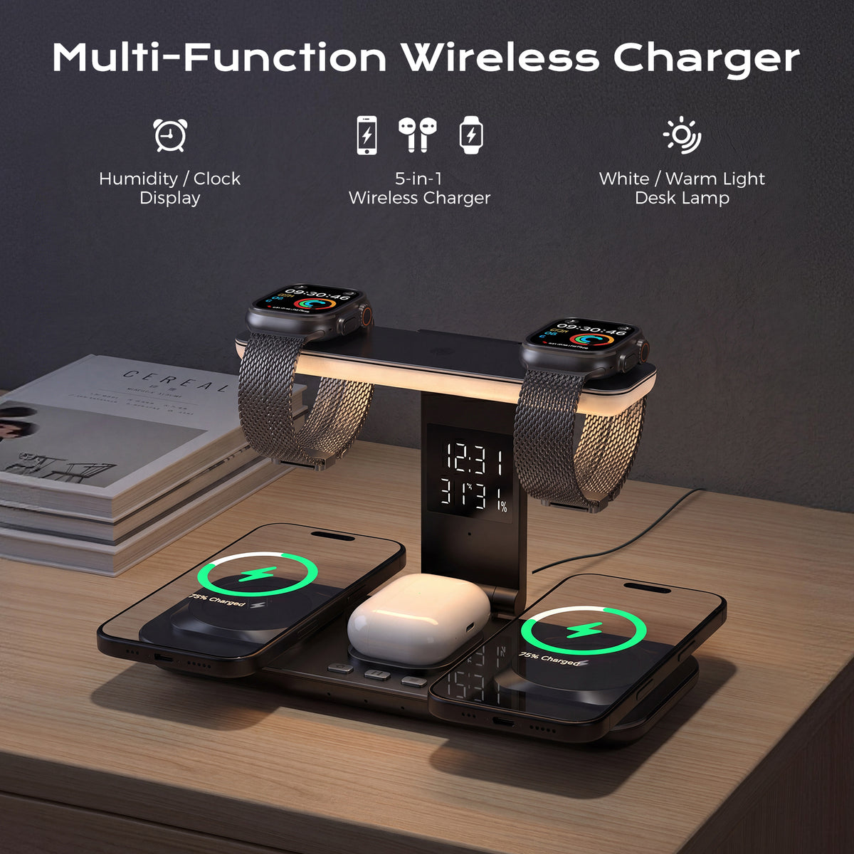 Domars 5-in-1 Foldable Wireless Charger Station, 15W Fast Charging Stand for Multiple Devices with Dual Apple Watch Charger, Touch Control Desk Lamp & Digital Clock, Compatible with iPhone 12-16, AirPods, Apple Watch Series 1-10/Ultra 1/2