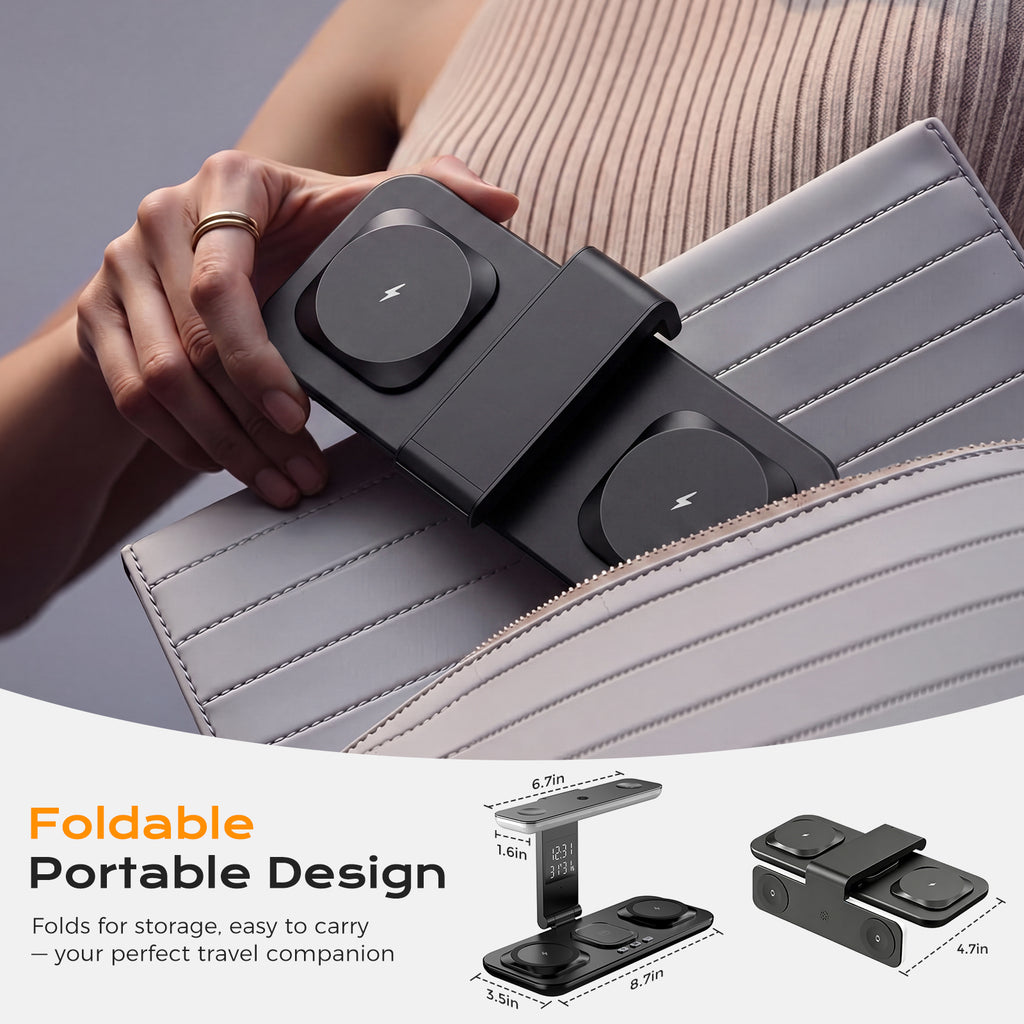 Domars 5-in-1 Foldable Wireless Charger Station, 15W Fast Charging Stand for Multiple Devices with Dual Apple Watch Charger, Touch Control Desk Lamp & Digital Clock, Compatible with iPhone 12-16, AirPods, Apple Watch Series 1-10/Ultra 1/2