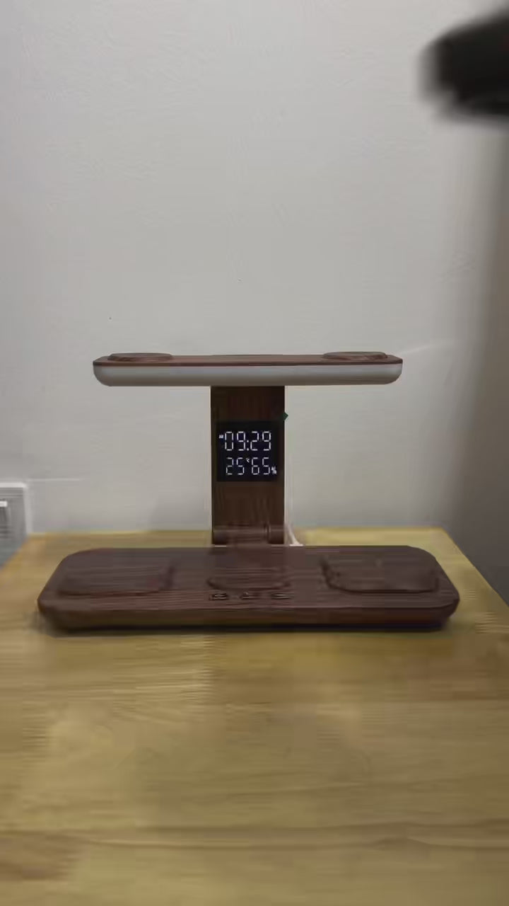 Domars 5-in-1 Foldable Wireless Charger Station, 15W Fast Charging Stand for Multiple Devices with Dual Apple Watch Charger, Touch Control Desk Lamp & Digital Clock, Compatible with iPhone 12-16, AirPods, Apple Watch Series 1-10/Ultra 1/2